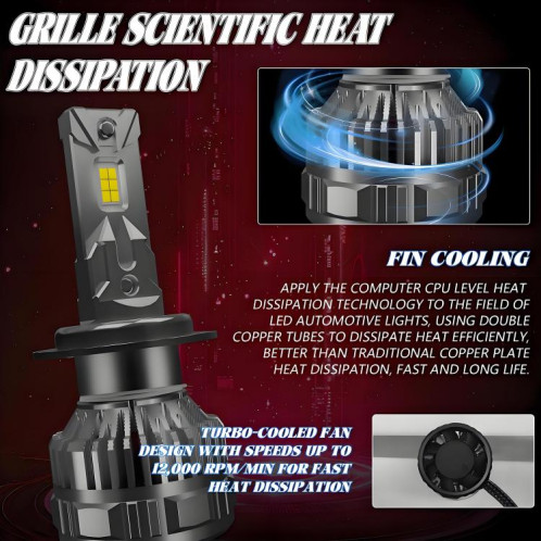 Ampoule LED H7 pour phare de voiture, 50 W, 6 000 lm, 6 000 K, double tube en cuivre (couleur pistolet), lot de 2 SH205A1368-010